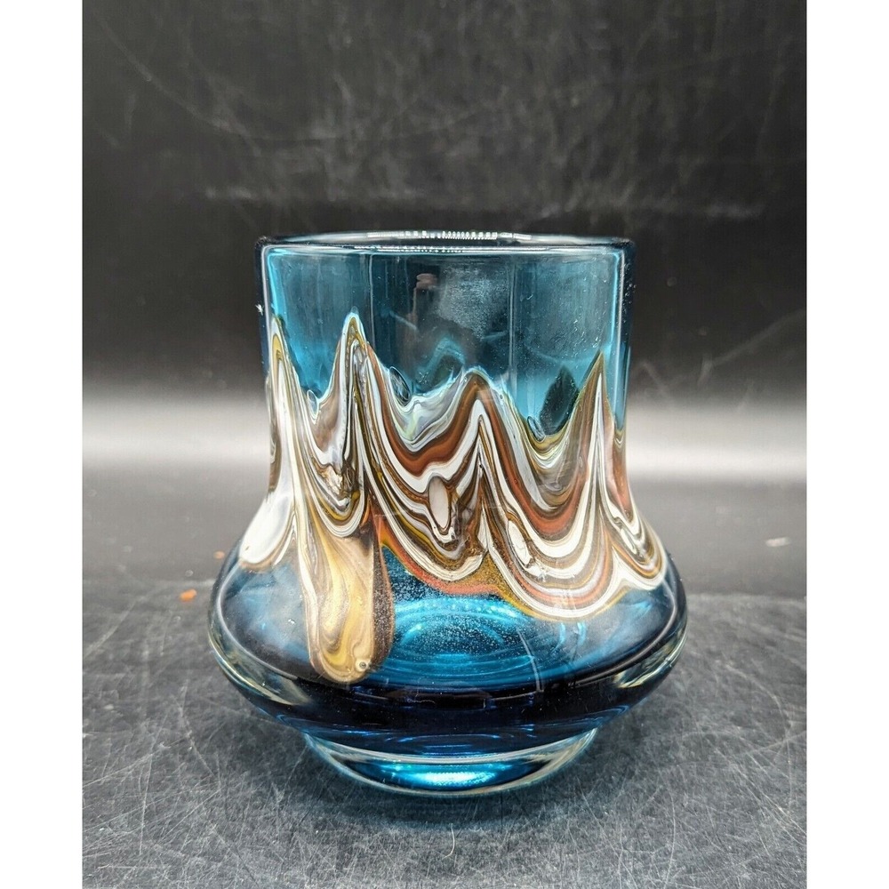 Vintage Schott Zwiesel Glass Vase  Heinrich Loffelhardt MCM Blue Swirl 5.25"